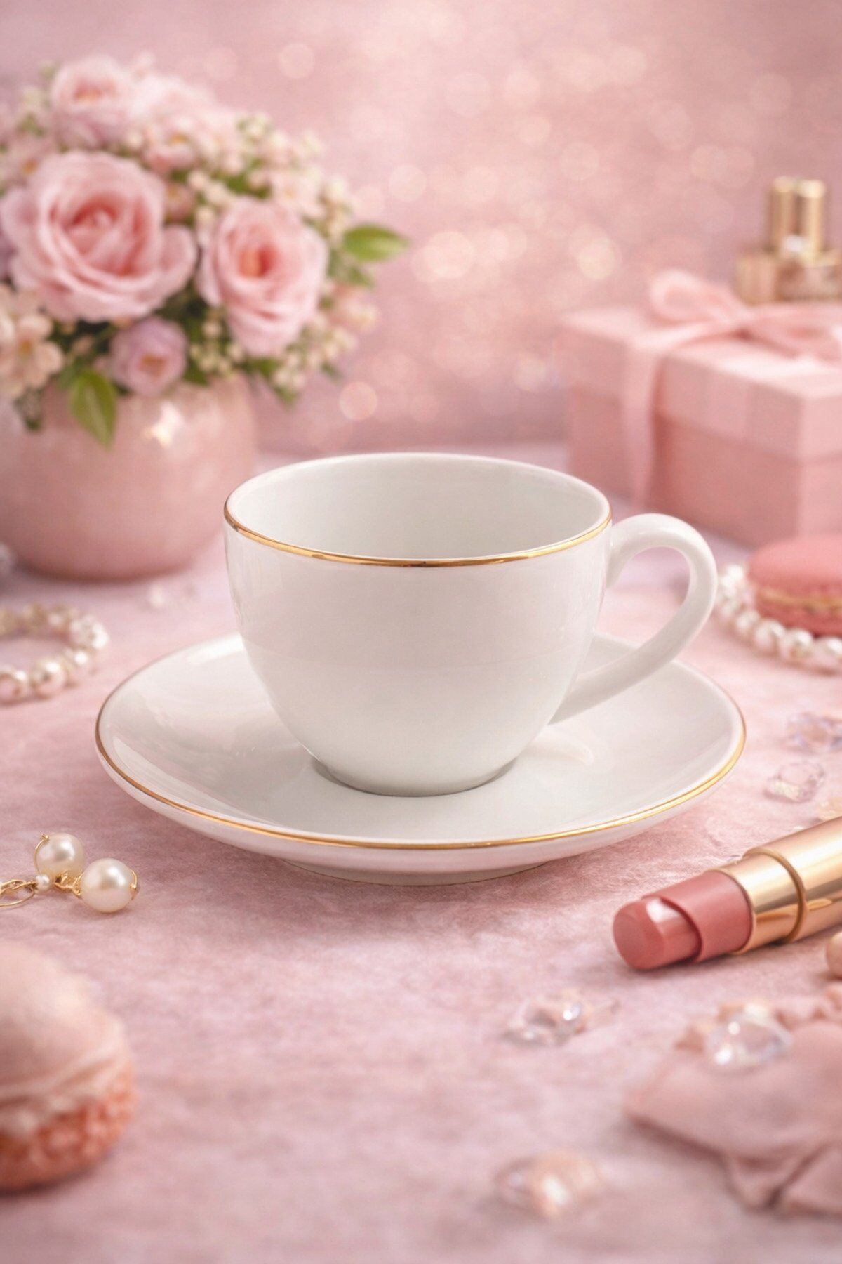 TULÜ PORSELE GOLD BEYAZ ÇAY KAHVE FİNCANI 2 KİŞİLİK