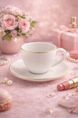 TULÜ PORSELE GOLD BEYAZ ÇAY KAHVE FİNCANI 2 KİŞİLİK