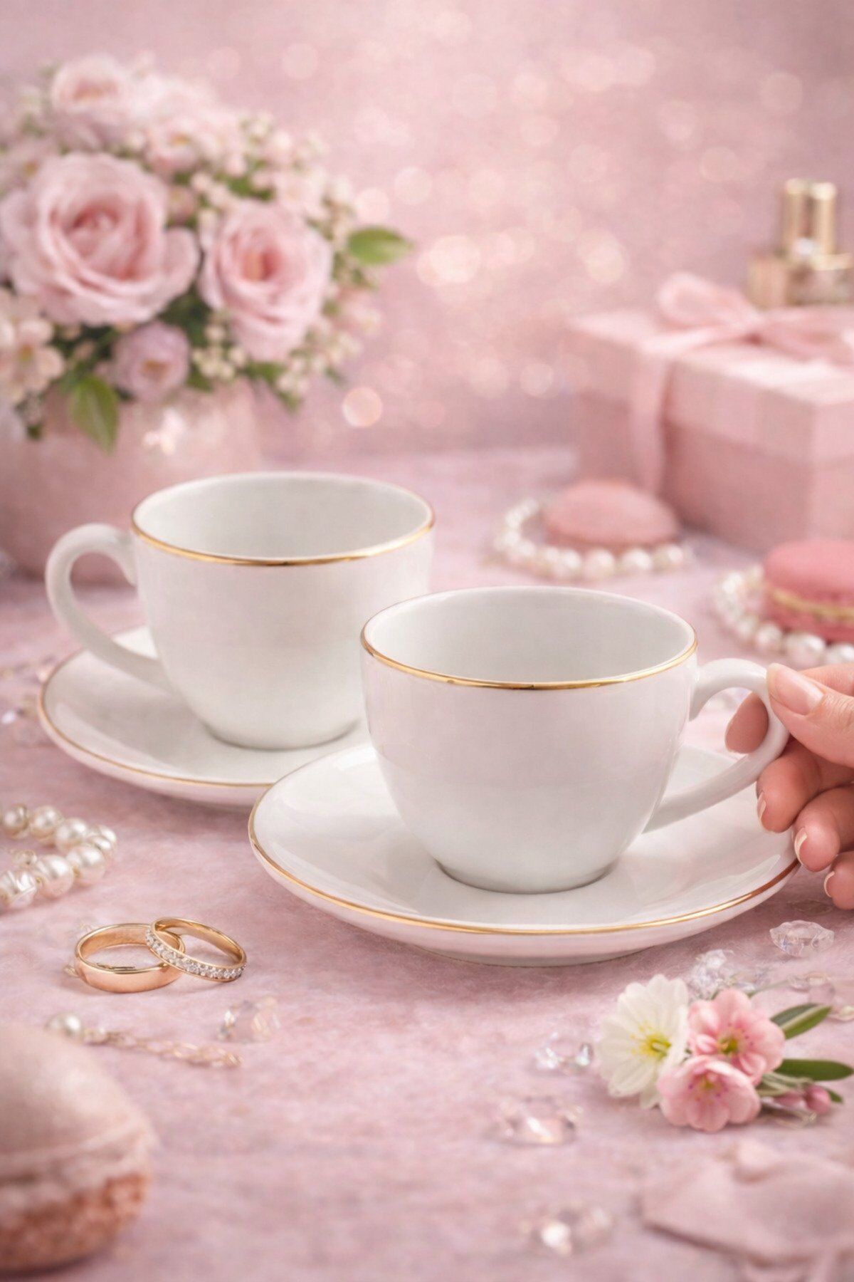 TULÜ PORSELE GOLD BEYAZ ÇAY KAHVE FİNCANI 2 KİŞİLİK