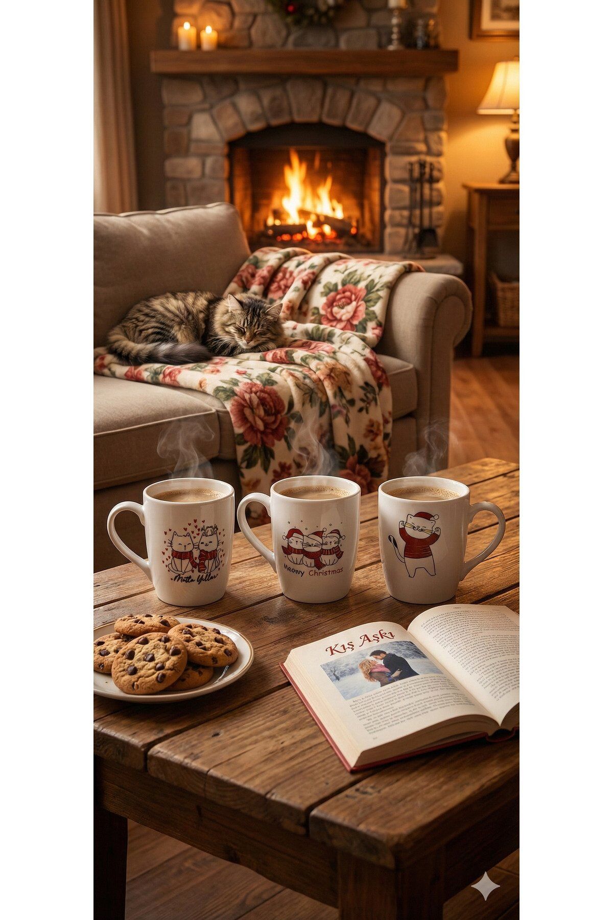 KEDİ MOTİFLİ YILBAŞI TEMALI FİNCAN KUPA 3 ADET