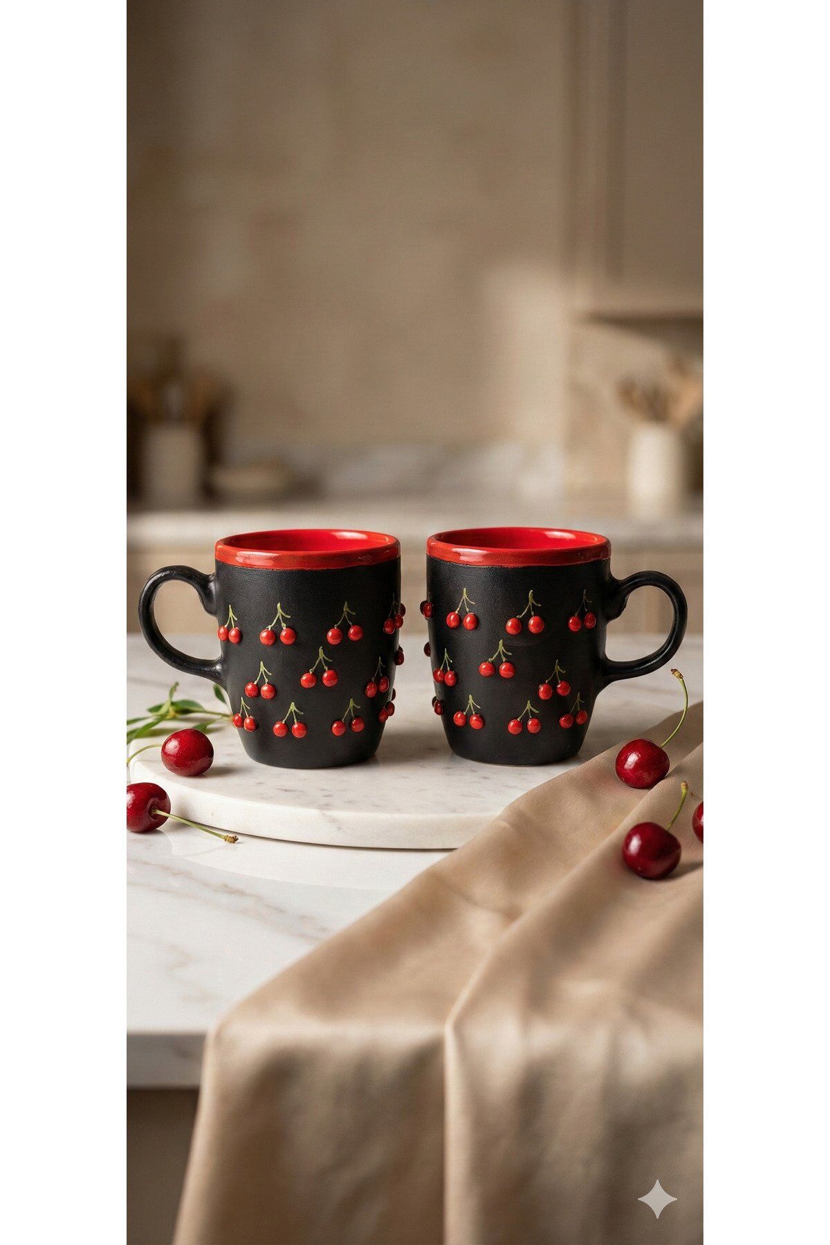 KİRAZ DESENLİ FİNCAN KUPA 2 ADET