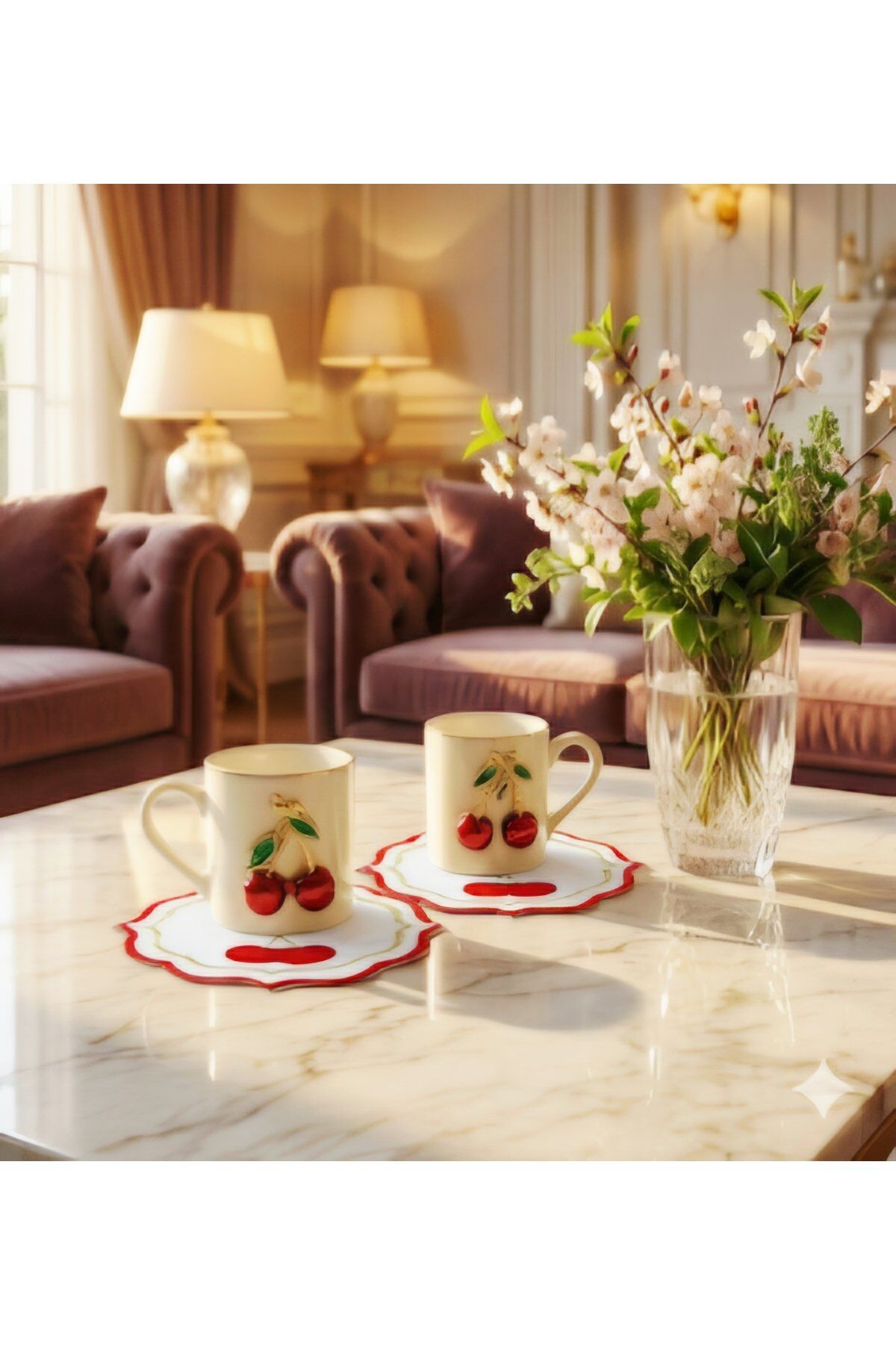 KİRAZ TEMALI GOLD FİNCAN TAKIMI 2 KİŞİLİK KİRAZ MOTİFLİ ÖRTÜ HEDİYESİ