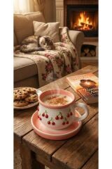 KİRAZ MOTİFLİ PEMBE KUPA FİNCAN TABAKLİ KUTULU