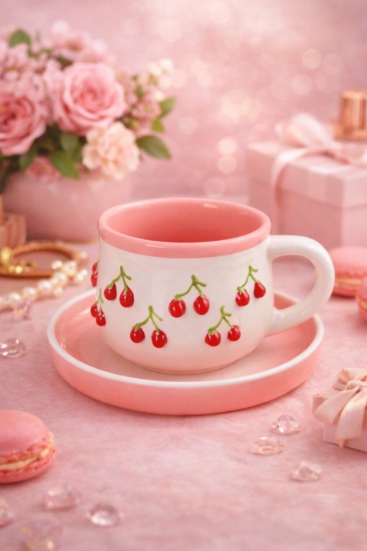 KİRAZ MOTİFLİ PEMBE KUPA FİNCAN TABAKLİ KUTULU