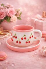 KİRAZ MOTİFLİ PEMBE KUPA FİNCAN TABAKLİ KUTULU