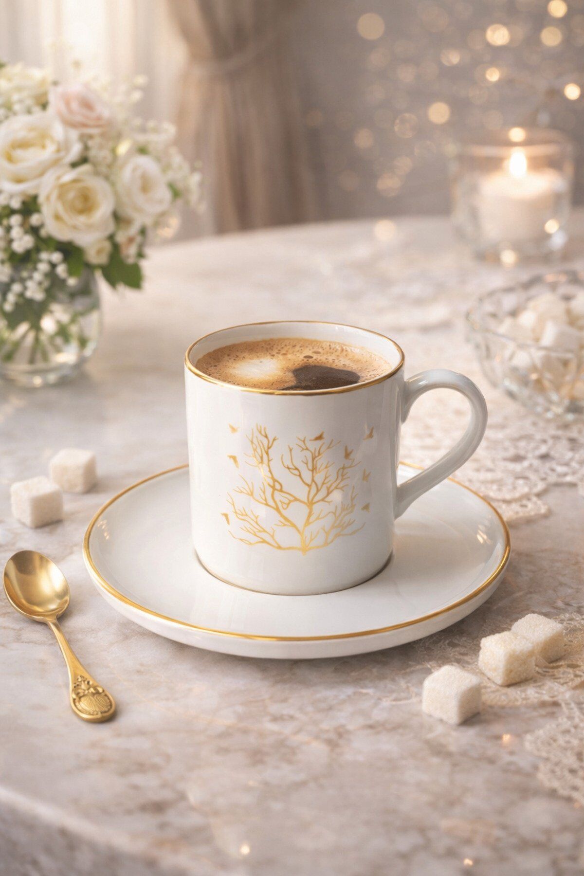 HAYAT AĞACİ GOLD DESENLİ PORSELEN TÜRK KAHVESİ FİNCANI 2 KİŞİLİK HEDİYELİ ÜRÜN