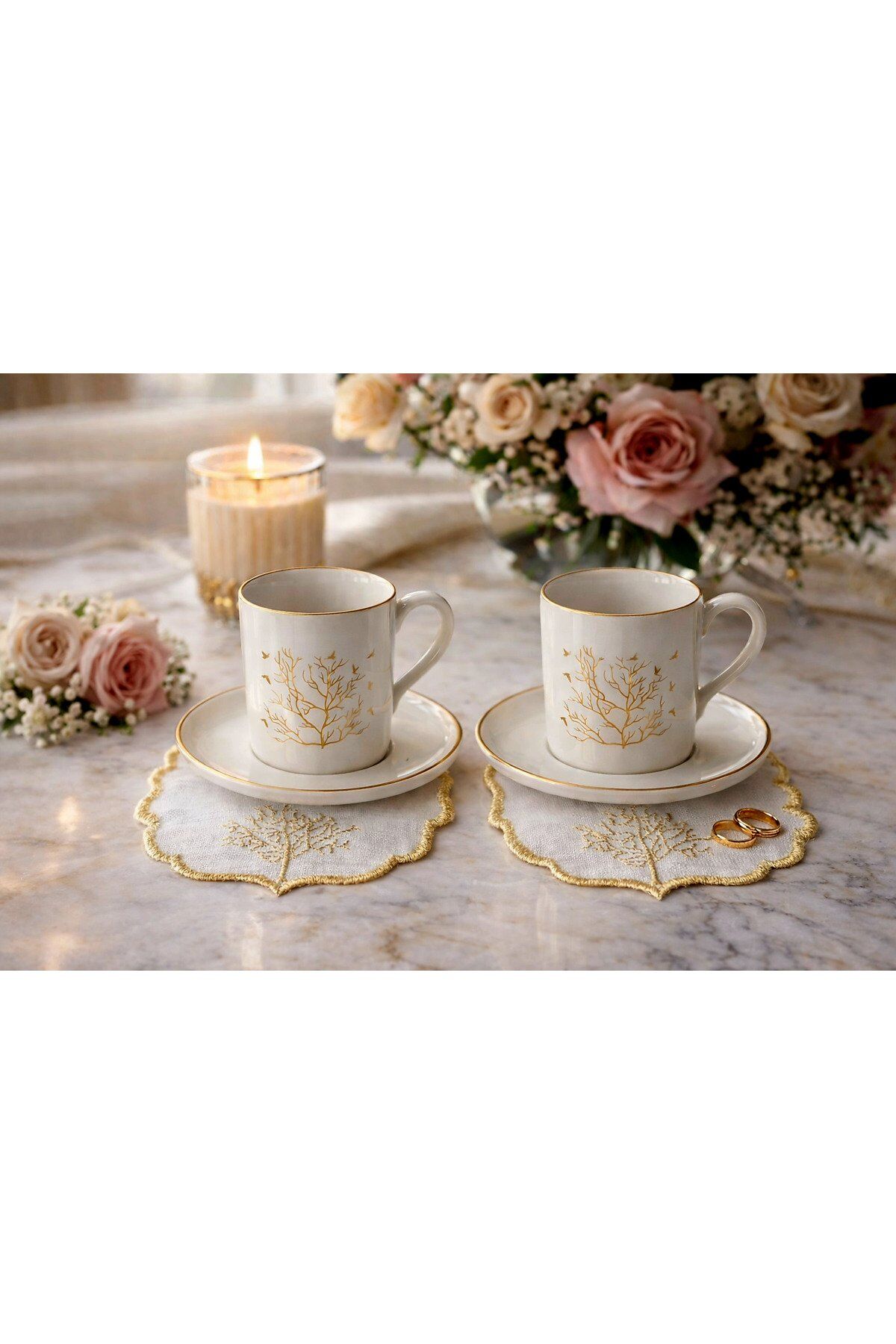 HAYAT AĞACİ GOLD DESENLİ PORSELEN TÜRK KAHVESİ FİNCANI 2 KİŞİLİK HEDİYELİ ÜRÜN