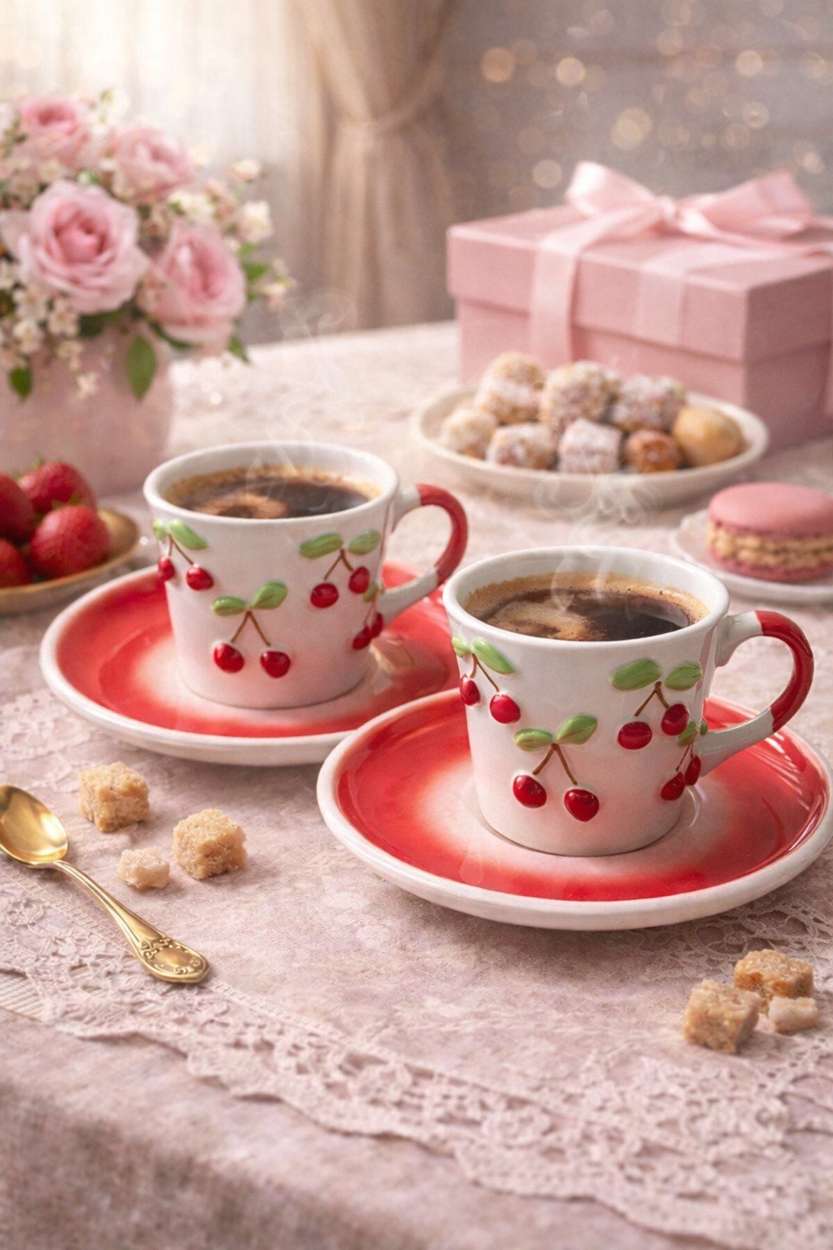 KİRAZLI MOTİFLİ TÜRK KAHVESİ FİNCANI 2 Lİ HEDİYELİK KUTULU