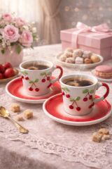 KİRAZLI MOTİFLİ TÜRK KAHVESİ FİNCANI 2 Lİ HEDİYELİK KUTULU