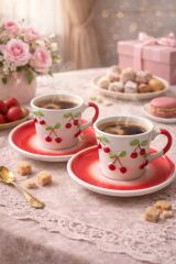 KİRAZLI MOTİFLİ TÜRK KAHVESİ FİNCANI 2 Lİ HEDİYELİK KUTULU