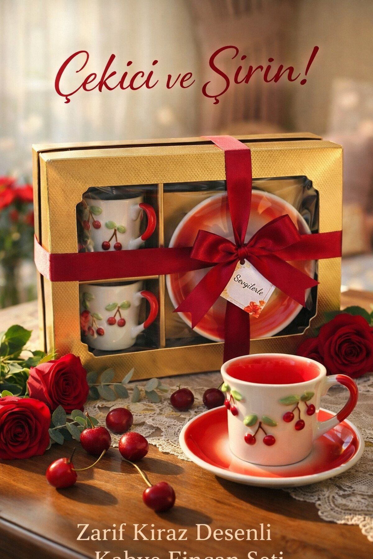 KİRAZLI MOTİFLİ TÜRK KAHVESİ FİNCANI 2 Lİ HEDİYELİK KUTULU