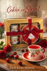 KİRAZLI MOTİFLİ TÜRK KAHVESİ FİNCANI 2 Lİ HEDİYELİK KUTULU