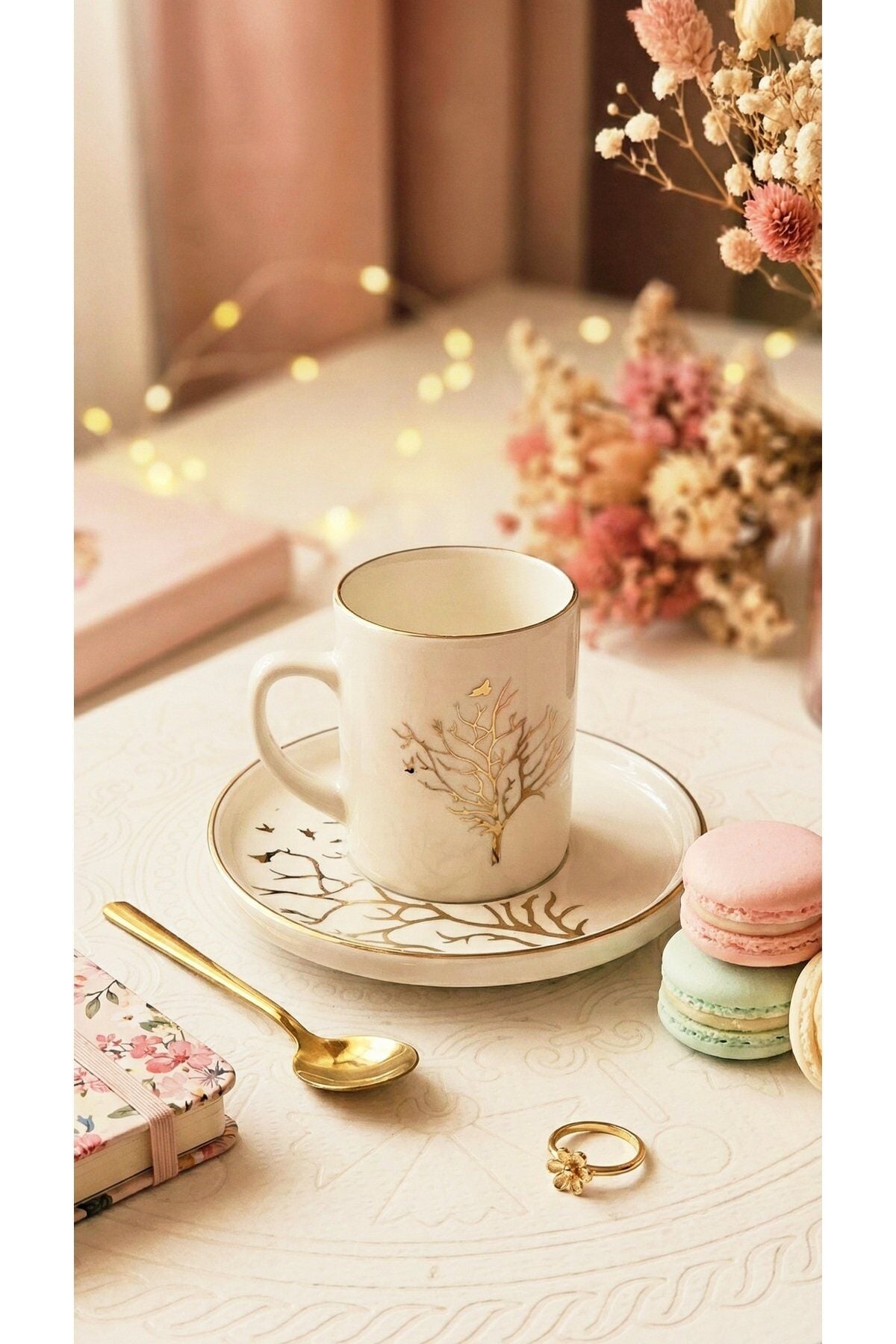 Hayat ağacı desenli Türk kahvesi fincanı 6 lı takım tabaklı